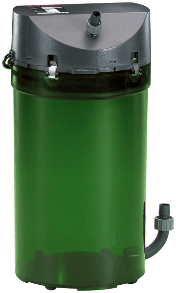 A large, cylindrical, green aquarium canister filter with a dark gray top designed for efficient aquarium maintenance. It features secure latches and various hose connection points at the top and bottom for water intake and output.