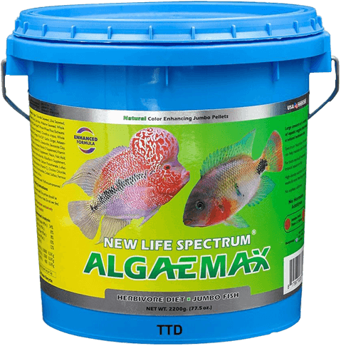 A blue plastic container labeled "new life spectrum algaemax" is essential for any aquarium setup and fish tank cleaning services. The packaging showcases colorful fish and promotes a herbivore diet for jumbo fish, ideal for maintaining a balanced ecosystem. Net weight: 2200g (77. 5 oz).