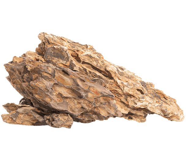 A textured, irregularly-shaped tan rock with layered surfaces and rough edges, ideal for an aquarium setup, is placed against a white background.